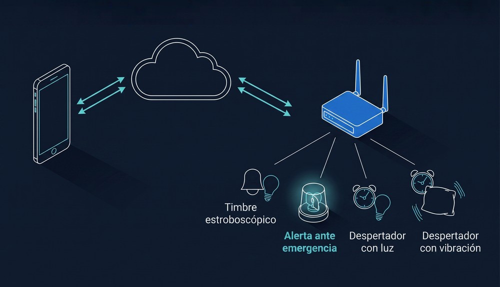 Esquema del sistema: desde el teléfono, a través de internet, se comandan el timbre estroboscópico, la alerta ante emergencia y los despertadores con luz y con vibración.