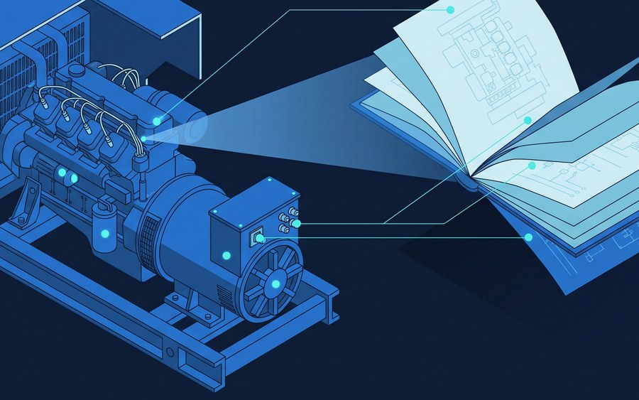 Ilustración: grupo electrógeno con un manual técnico abierto que señala partes concretas del equipo.