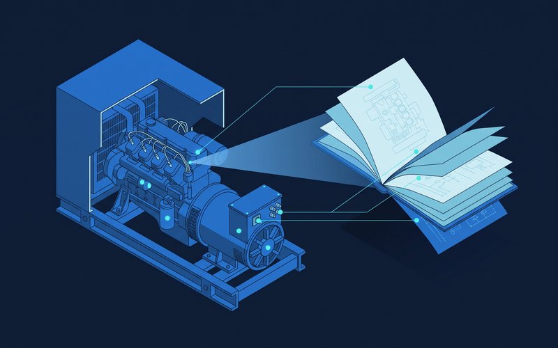 Ilustración: grupo electrógeno con un manual técnico abierto que señala partes concretas del equipo.