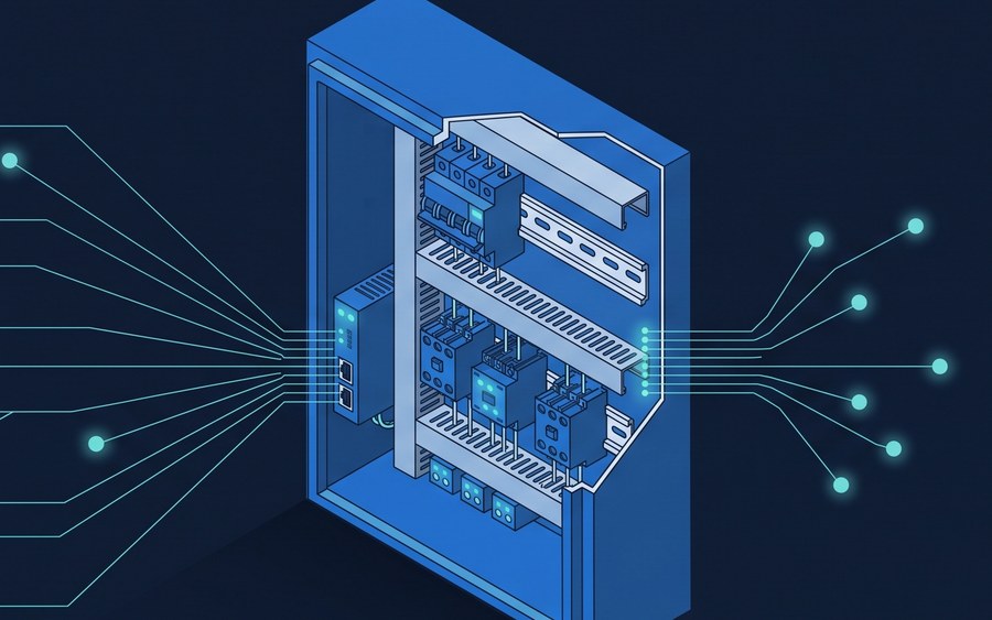 Ilustración: interior de un tablero eléctrico con módulo de comunicación, conectado por ambos lados a múltiples puntos de sensado.