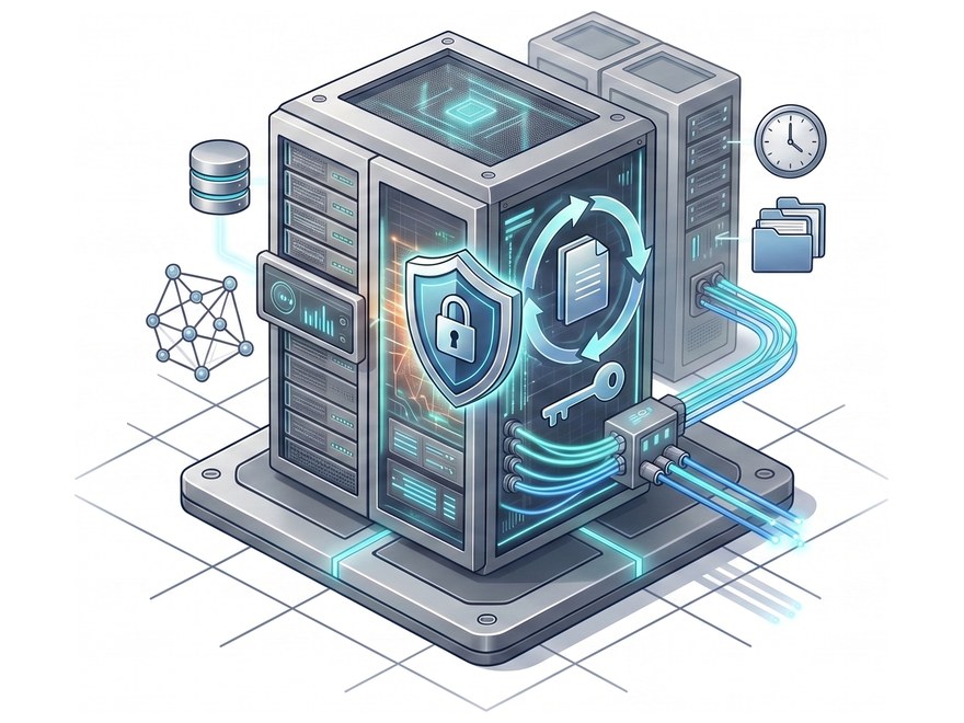 Servidor con protección de acceso, copias de seguridad, base de datos, archivos y conexiones de red — imagen ilustrativa.